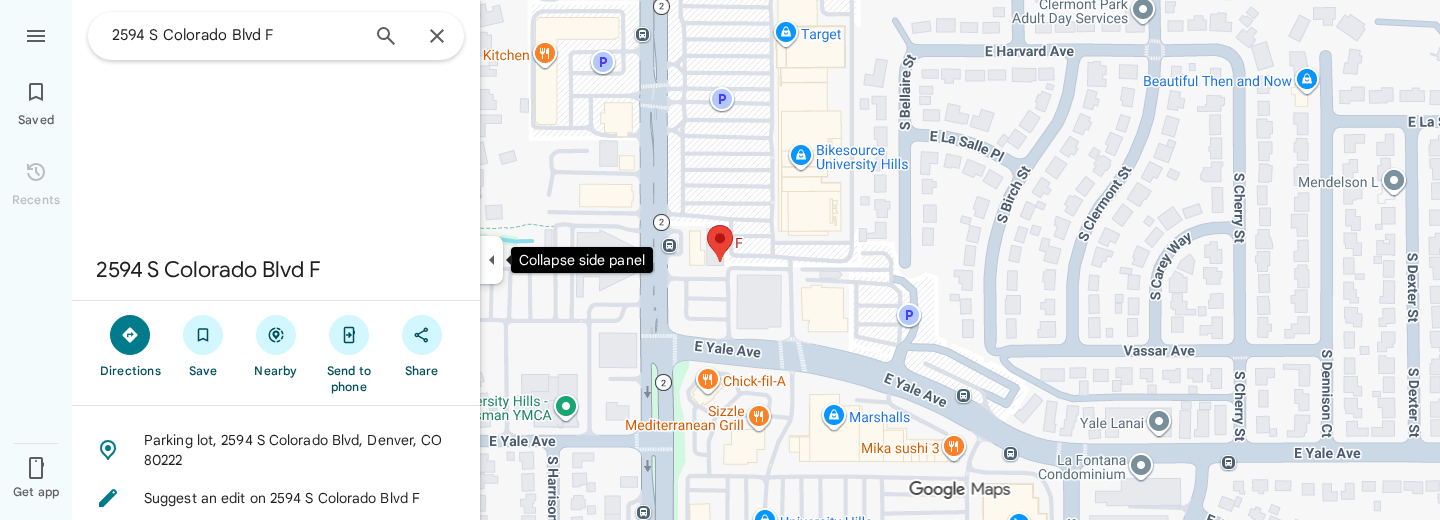 Google Map showing 2594 S Colorado Blvd F near East Yale Avenue in Denver